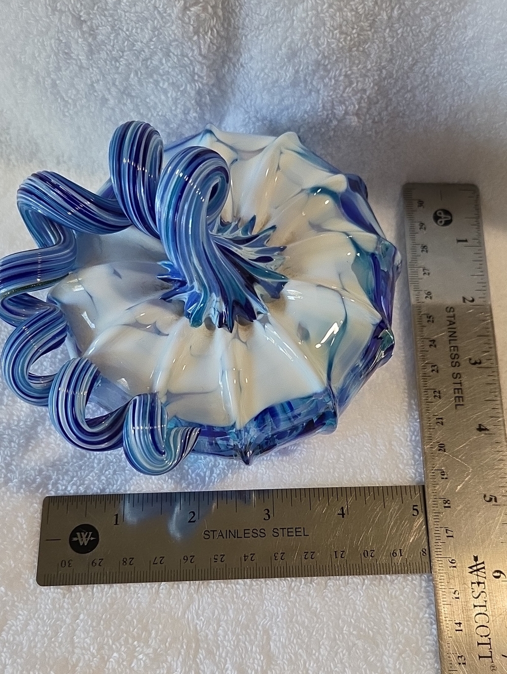 Luke Adams Hand Blown Glass Pumpkin ~ Blue & White Swirl Signed Art Glass 5"